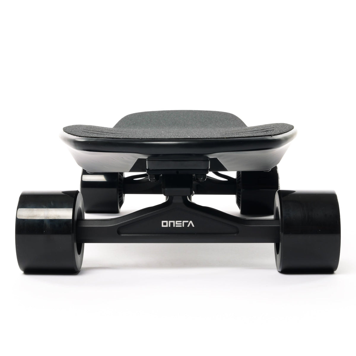 Front view of a black ONSRA street electric skateboard with black wheels