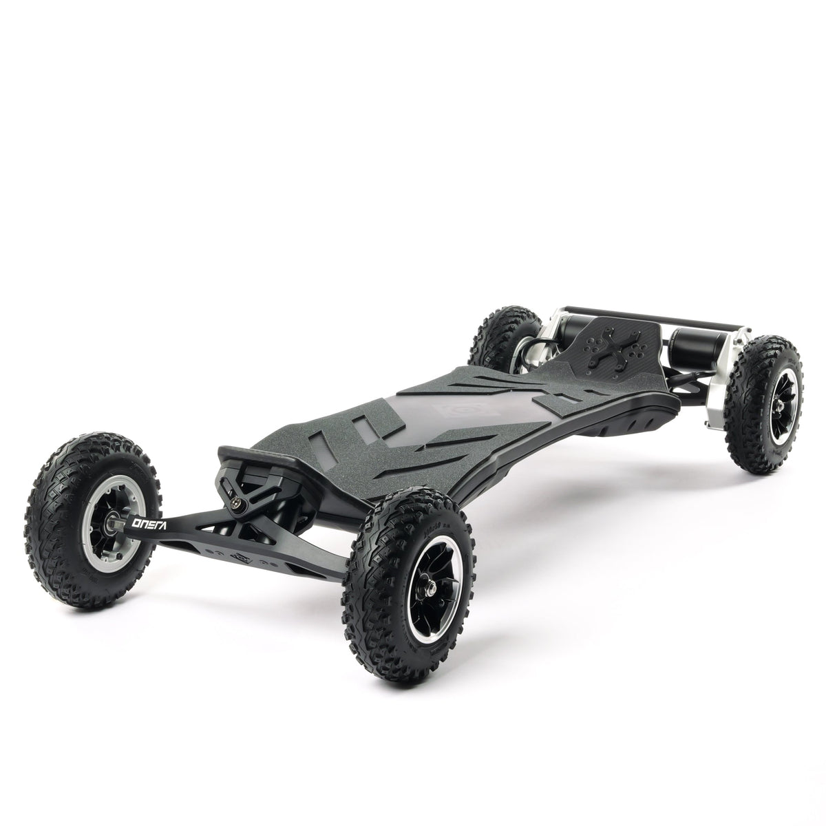 Black ONSRA VELAR all-terrain electric skateboard with pneumatic tires, studio side view