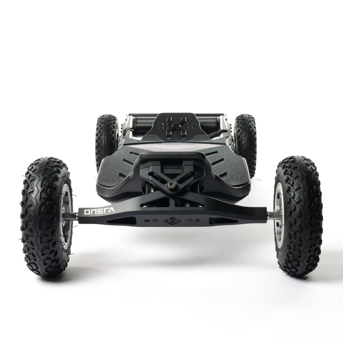 Front view of the ONSRA VELAR all-terrain electric skateboard with off-road tires