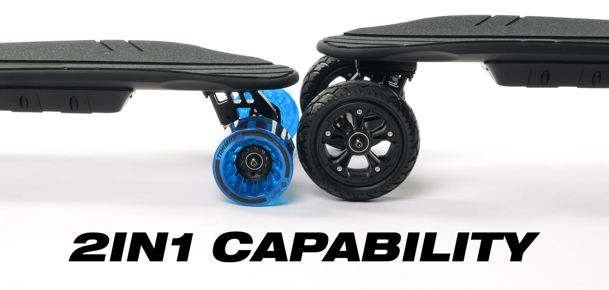 ONSRA Challenger Pro All-Terrain 2-in-1 capability: street wheels and all-terrain wheels on one board